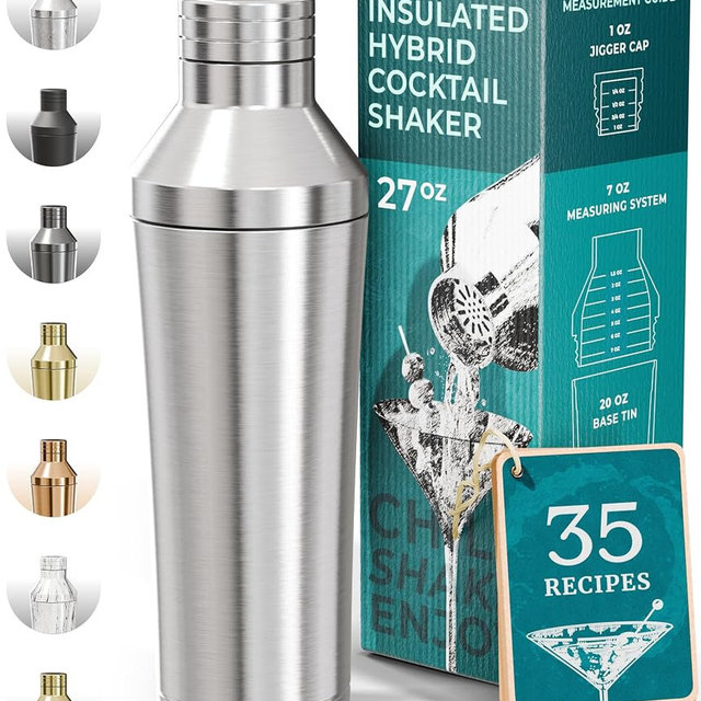 BARE BARREL Insulated Cocktail Shaker Set | Double Wall Stainless Steel | Martini Shaker for Home Bar Bartending | Built-in Drink Measure System & Strainer, Travel Bag, Recipes | Gift Set (Silver)