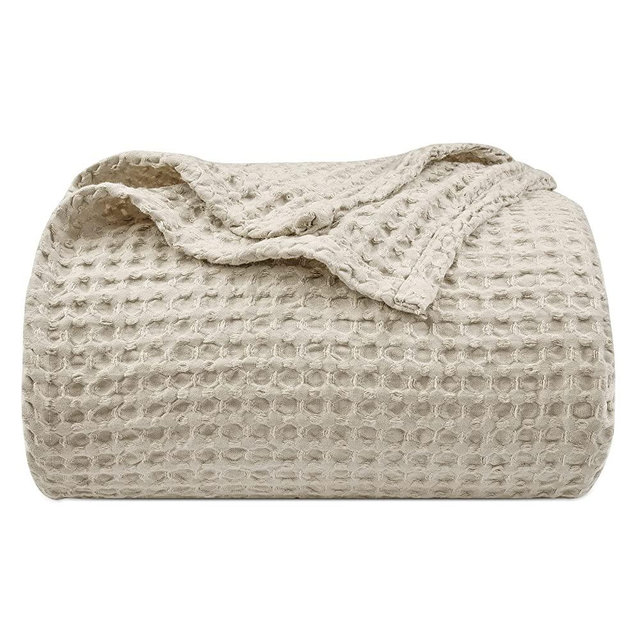 PHF Ultra Soft Waffle Weave Blanket King Size 104"x 90"- Washed Lightweight Breathable Cozy Woven Blanket for All Season - Great for Couch Bed Sofa Home Car - Light Khaki/Linen