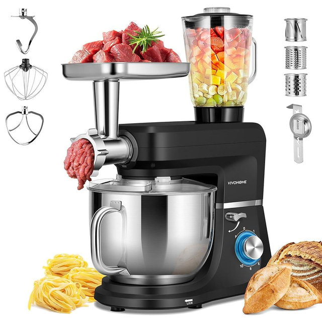 VIVOHOME 6-in-1 Stand Mixer, 8.5 Quart Electric Tilt-Head Kitchen Mixer with Bowl, Multifunctional Food Mixer for Cake, Bread, and Dough, with Meat Grinder, Blender, Pasta Maker Attachments, Black