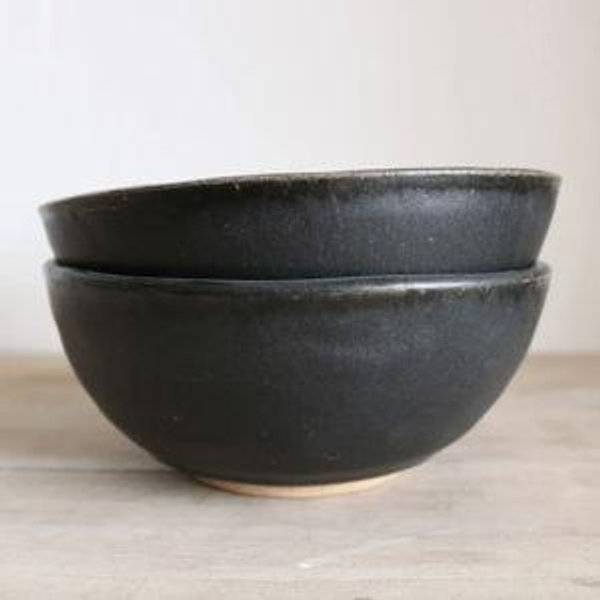 KJ Pottery Cereal Bowl- Matte Black, Glazed Rim