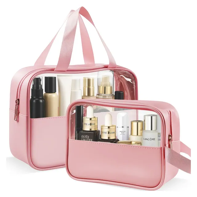 Mber TSA Approved Toiletry Bag Travel, Clear Makeup Bag Organizer, Clear Toiletry Bag Set, Clear Zipper Pouches Quart Size Travel Cosmetic Bags, Pink