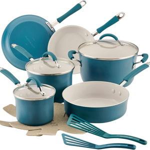 Rachael Ray Cucina Ceramic Cookware Set - 13 Pieces - Ceramic Pots and Pans Set w/Nonstick Frying Pans, Saute Pan, Saucepans, Stockpot, Lids, Pan Protectors & Cooking Utensils - Marine Blue