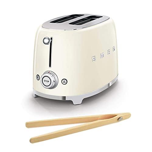 Smeg TSF01CRUS 50's Retro Style Toaster Bundle with Norpro Bamboo Tongs - (Cream) 2 Slice