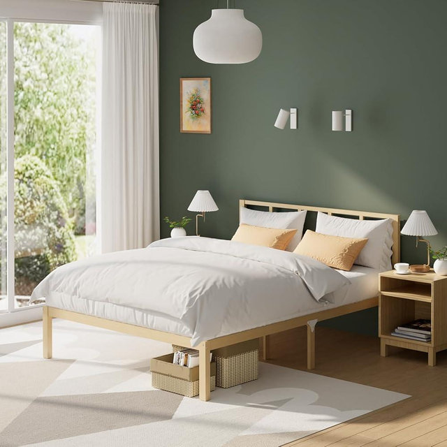 Bamboo Bed Frame Queen Size with Headboard Platform Bedframe Solid Stablewith Non-Slip Slats Support Tall Bed No Box Spring Needed Heavy Duty Easy Assembly Noise Free Nature