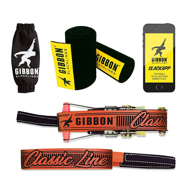 Gibbon Slacklines Classicline XL with treewear, red, 82ft (74ft line + 8ft Ratchet Strap with Reinforced Loop) incl. Ratchet Protection, Tree and line Protection (Black Felt), 50mm/2" Wide