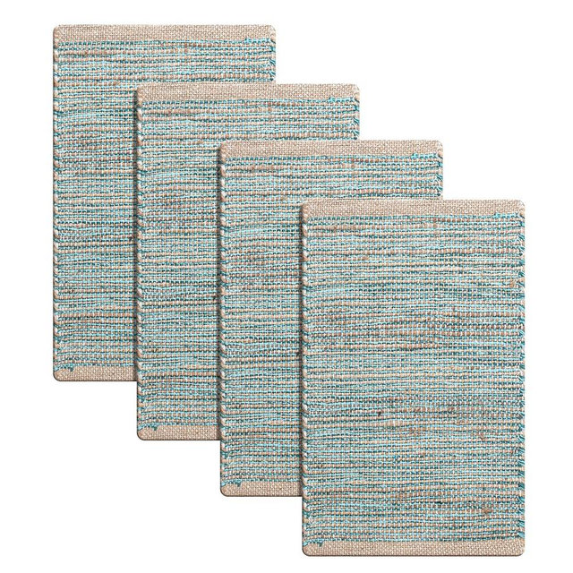 RIANGI Jute Placemats Set of 4 - Boho Woven Placemats for Dining Tables, Rustic Farmhouse Style, Cotton and Jute, Neutral Colorful Table Mat, 13x19 Inch, Indoor Kitchen Decor -Natural-Aqua Turquoise