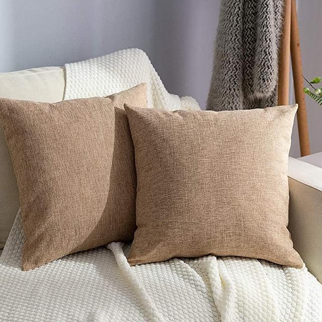 Stellhome Linen Throw Pillow Covers Square Solid Burlap Cushion Covers for Bed Couch Sofa Bench, 18 x 18 inch (45 cm), Natural Linen, Set of 2