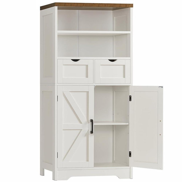 TEENFON Storage Cabinet with Doors & 2 Drawers, Kitchen Cabinet with Adjustable Shelf, Farmhouse Storage Cabinets for Living Room, Entryway, Home Office, White