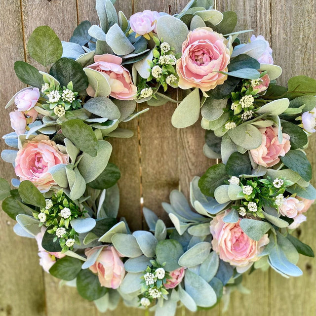 Lamb's Ear Wreath: Faux Rose & Buttercup Floral, Spring Pastel Decor