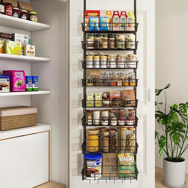Mefirt Over The Door Pantry Organizer, Wall Mount Spice Rack, Pantry Hanging Storage and Organization, 8 Adjustable Baskets Heavy-Duty Metal for Home & Kitchen, Back of Door Seasoning Rack - Black