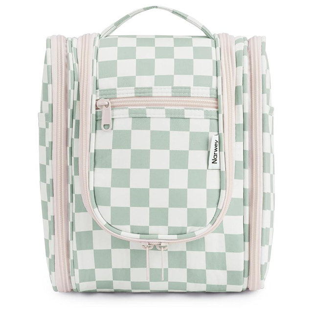 Narwey Small Checked Hanging Travel Toiletry Bag for Women, Travel Bag for Toiletries, Makeup Bag Organizer Cosmetic Bags Make Up Bags for Women (Mint Green Checkerboard)