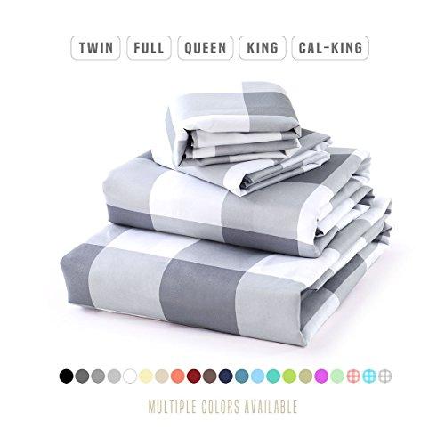 Luxe Bedding Sets - Queen Sheets 4 Piece, Flat Bed Sheets, Deep Pocket Fitted Sheet, Pillow Cases, Queen Sheet Set - Gingham Gray