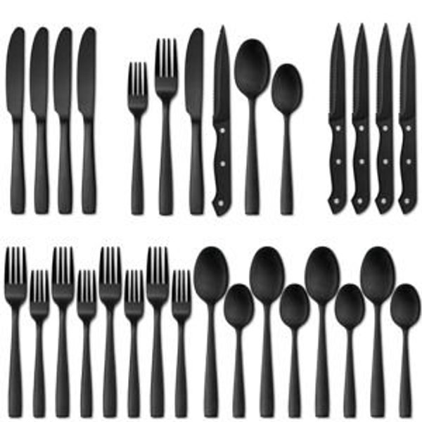 24 Pieces Matte Black Silverware Set with Steak Knives for 4