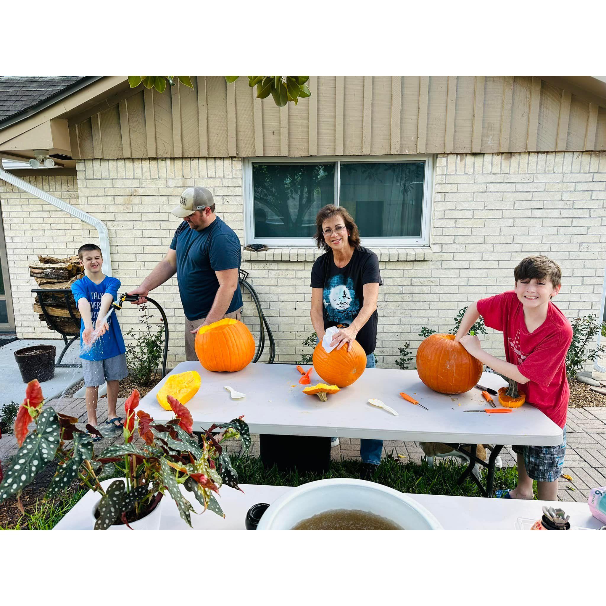 Finding activities outside is what Kathryn and Aaron found they enjoy the most. In October of 2023, they celebrated the season with Kathryn's mom Cathy carving pumpkins!