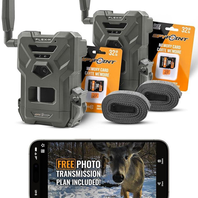SPYPOINT Flex-M Twin Pack Cellular Trail Cameras - 2 SD Cards Included, Best Hunting Accessories, No WiFi Needed, GPS, Night Vision, IP65 Water-Resistant, 28MP Photos, & 720p Videos + Sound (2)