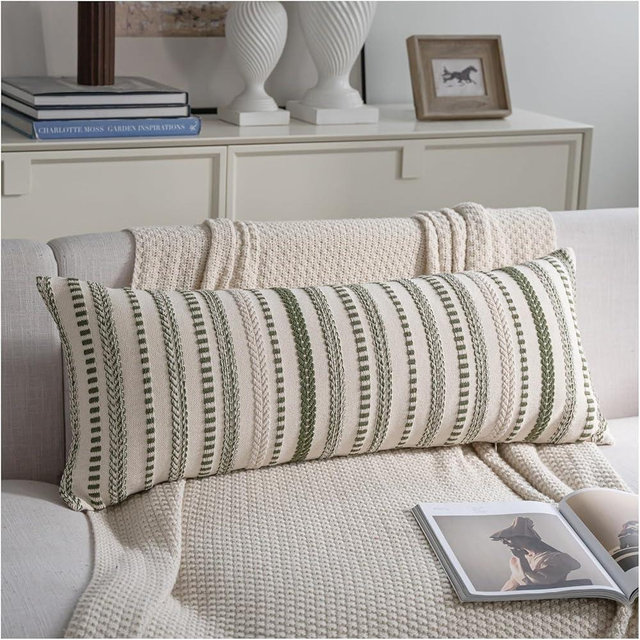 Cethom Green Boho Lumbar Pillow Covers 14x36 Long, Stripe Textured Decorative Couch Pillow Cases for Bed, Sofa, Living Room, Bedroom, Farmhouse Home Accent Cushion Covers, Pack of 1
