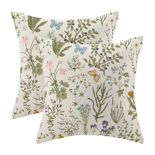 AEIOAE Spring Pillow Covers 18x18 Inch Set of 2,Sage Green Wild Flower Plant Throw Pillows Case,Seasonal Floral Outdoor Decorative Square Linen Farmhouse Decor Cushion Covers for Home Sofa Bed Couch