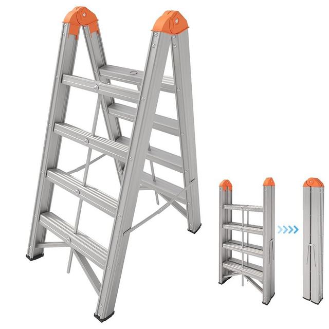 APARECIUM Aluminum Ladder, Foldable Twin Front Ladder, Collapsible A Frame 4-Step Ladder, Compact Step Stool with Wide Anti-Slip Pedal, Aluminum Portable Lightweight Ladder, EN131, 330lb Capacity