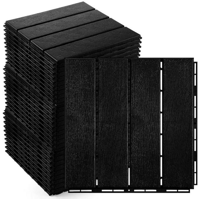 Treela 48 Pcs Plastic Interlocking Deck Tiles - 12 x 12 Inch Patio Deck Tiles Waterproof Outdoor Flooring Composite Decking Boards for Porch, Poolside, Balcony, Backyard (Black)