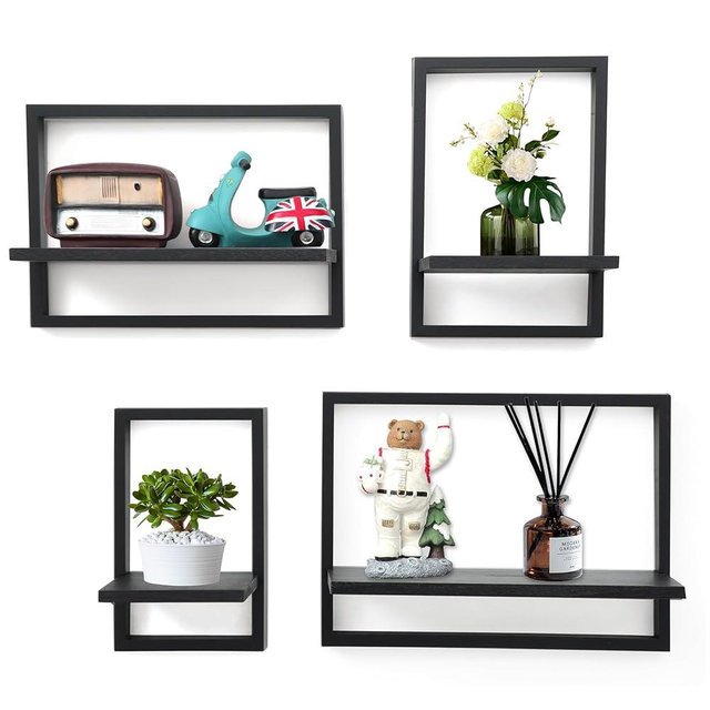 PHOENANCEE Square Floating Shelves,Framed Wall Shelf Decorative Set of 4,Modern Plants Hanging Display Art Decor Storage for Livingroom Bedroom Bathroom Farmhouse,Home Light Wood,Rustic Black