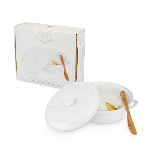 Twine Ceramic Brie Baker Acacia Wood Spreader Set Living Cheese Preparation, Set of 1, White