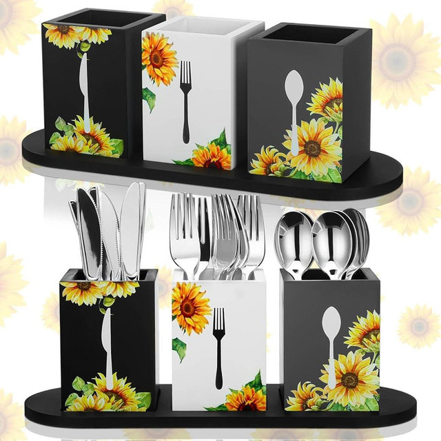 Lineshading 4 Pcs Silverware Caddy Sunflower Kitchen Decor Silverware Organizer with Wood Tray Sunflower Kitchen Utensils Holder for Forks, Spoons, Knives