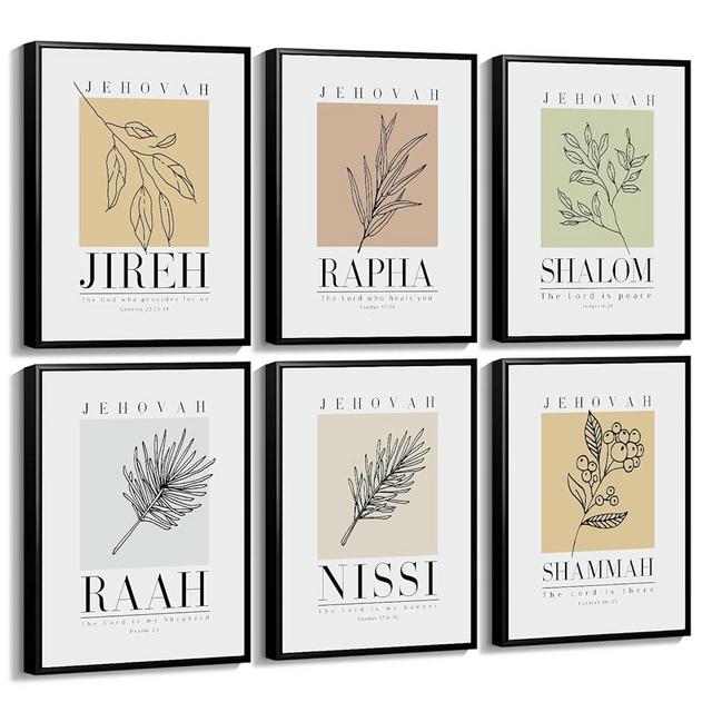 Bible Wall Art Print Set of 6 Christian Scripture Wall Art Decor Jehovah Jireh Rapha Shalom Shammah Nissi Raah Wall Art Bible Verse Poster Modern Minimalist for Living Room Bedroom 8x10 Inch FRAMED