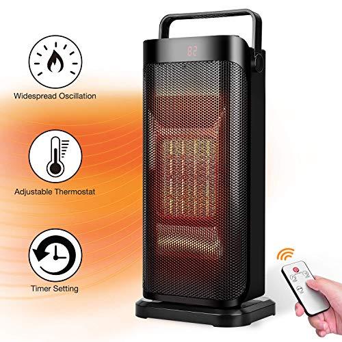 Electric Space Heater - 1500W Fast Heating Portable Oscillating Ceramic Tower Heater for Office Home Use, with Remote Control, Timer, Auto Shut, Black