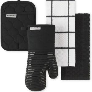 KitchenAid Quilted Cotton Terry Cloth Oven Mitt, Pot Holder, Kitchen Towel 4-Pack Set, Heat Resistant, Silicone Grip, Gift Set, Matte Black, 16"x26", 7"x13" & 7"x10"