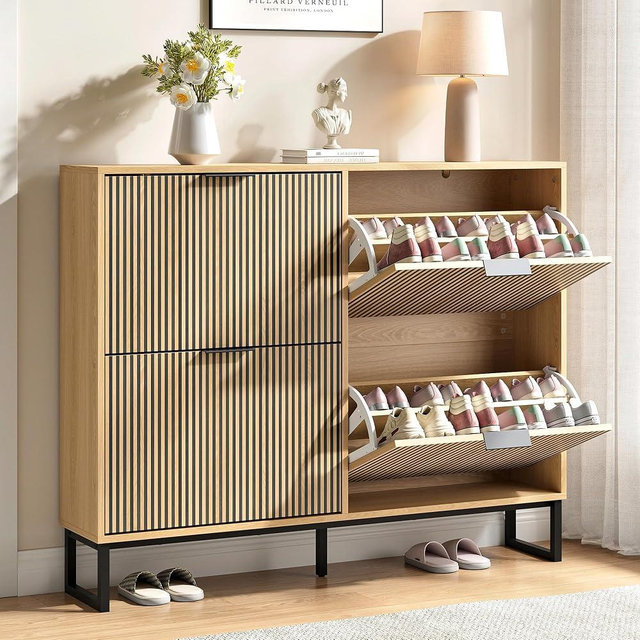 Sscaktu Shoe Storage Cabinet for Entryway with 4 Flip Drawers,Narrow Shoe Rack Cabinet,Hidden Slim Shoe Storage Freestanding Shoe Organizer Cabinet for Entryway, Hallway