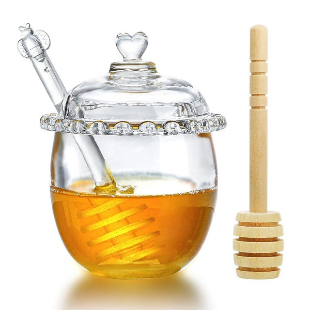 kanpura Glass Honey Jar with Dipper and Lid,6oz Glass Honey Pot,Crystal Honey Dispenser,Honey Containers with Dipper,Honey Jar for Storing and Dispensing Honey For Home Kitchen