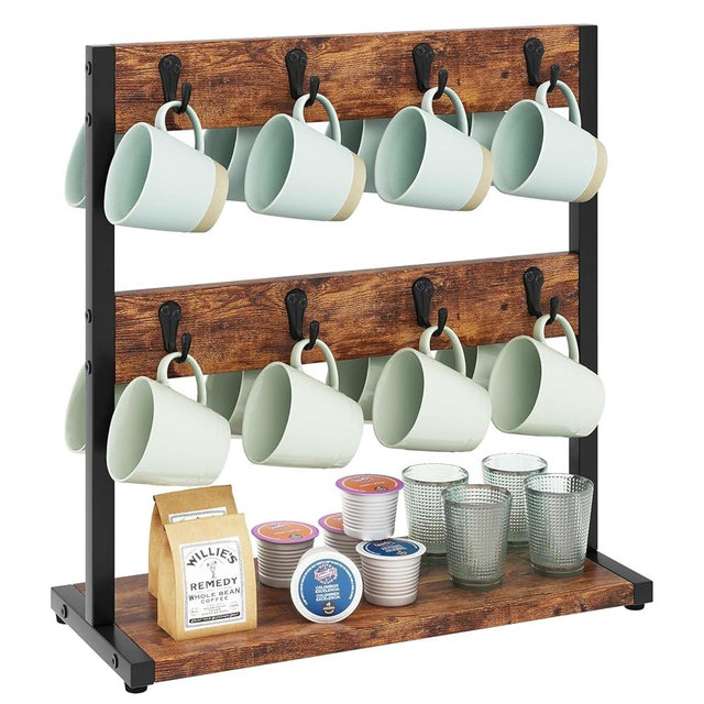 IBUYKE Wood Coffee Mug Holder for Countertop,16 Hook Mug Tree Holder Rack with Storage Base,Mug Display Organizer,Mug Holders for Home Kitchen, Rustic Brown UTBJ001H