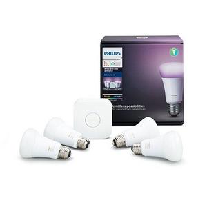 Philips Hue White and Color Ambiance A19 60W Equivalent LED Smart Light Bulb Starter Kit, 4 A19 Bulbs and 1 Bridge, Works with Alexa, Apple HomeKit and Google Assistant