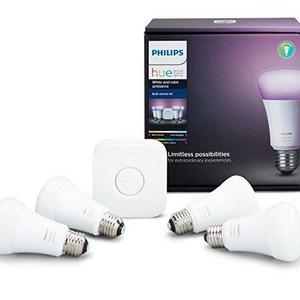 Philips Hue White and Color Ambiance A19 60W Equivalent LED Smart Light Bulb Starter Kit, 4 A19 Bulbs and 1 Bridge, Works with Alexa, Apple HomeKit and Google Assistant