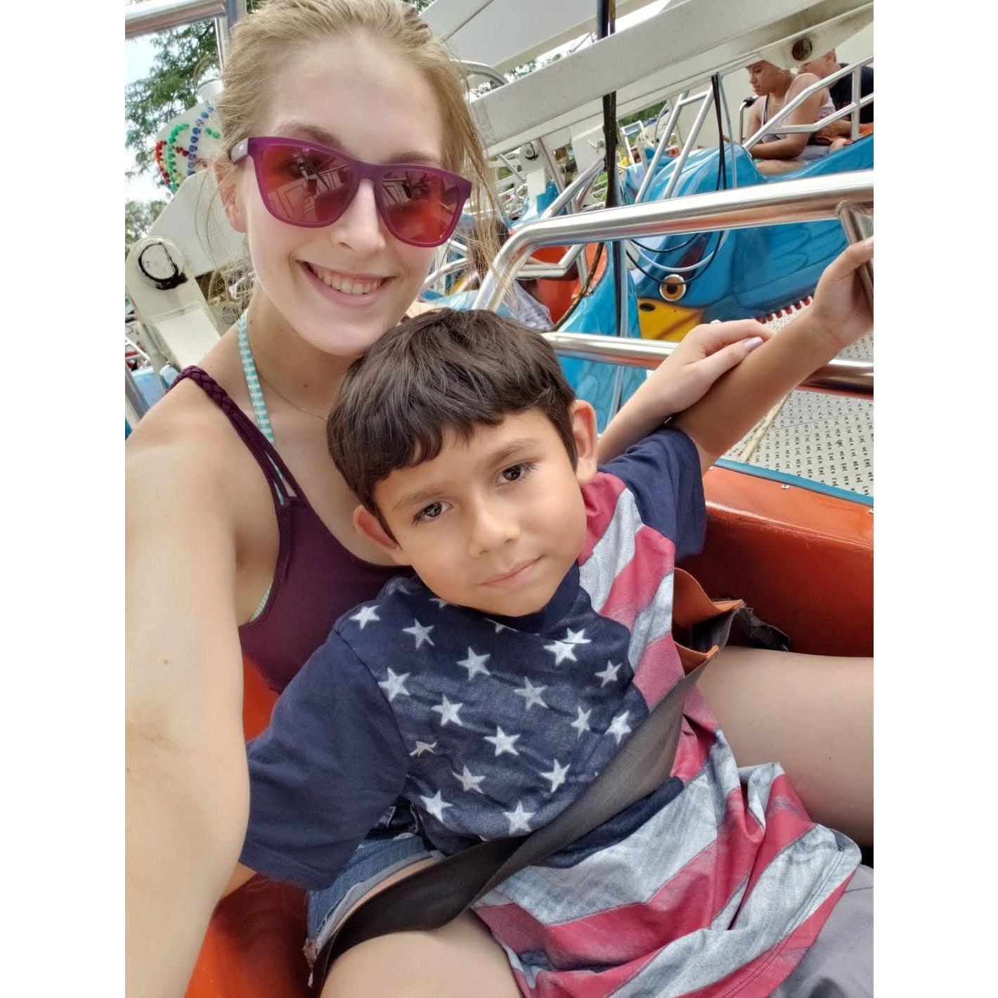 Donny and Monica on a ride at Six Flags Great America