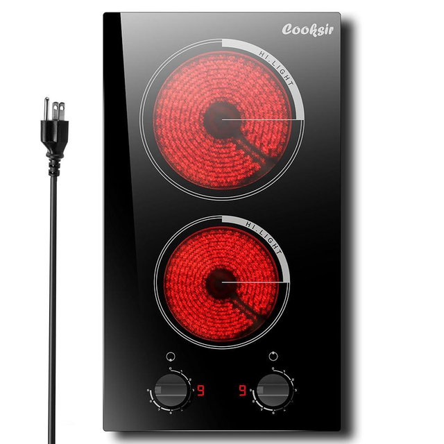 Cooksir 2 Burner Electric Cooktop - 110v Countertop and Built-in Electric Stove 2000W, 12 Inch Ceramic Stove with Residual Heat Indicator, Over-Temperature Protection, Knob Control, 110-120V Plug in