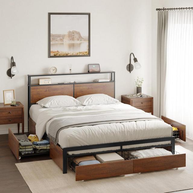 Hausource Queen Bed Frame with Storage Headboard and 4 Drawers LED Lights Platform Bed No Box Spring Needed - Brown