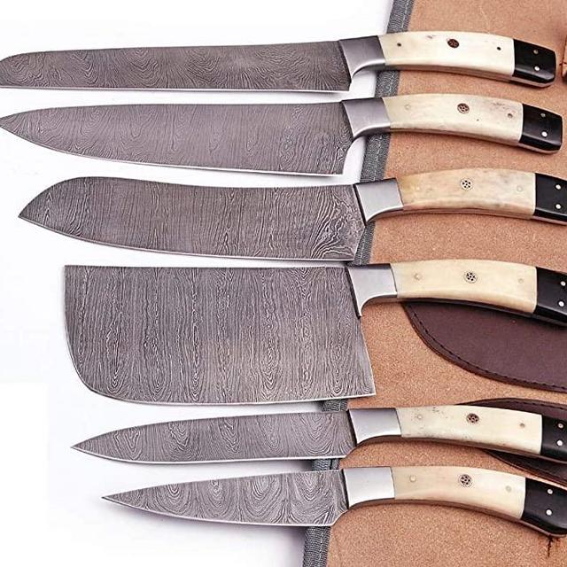 G28B- Professional Kitchen Knives Custom Made Damascus Steel 6 pcs of Professional Utility Chef Kitchen Knife Set with Chopper / Cleaver Black Horn (at end) GladiatorsGuild G28B (White Bone)