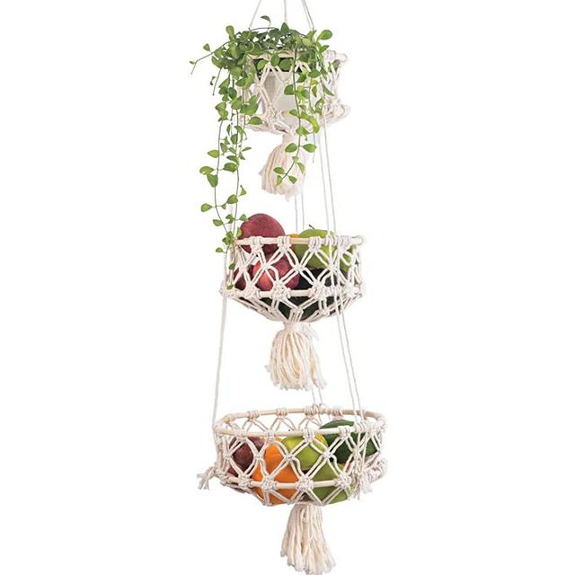 Hanging Basket Macrame Plant Hanger Large 3-Tier Macrame Baskets Handmade Kitchen Storage for Produce. Boho Decor Macrame Hanging Planter Fruit Basket Woven by Hand. Decorative Organizer Plant Holder