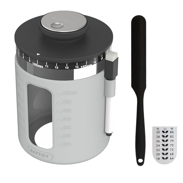 Baytoot Wide Mouth Sourdough Jar Starter Kit 33 oz - Ideal Sourdough Jar for Easy Fermentation, Airflow Lid, Feeding Marker & Spatula Included (Grey)