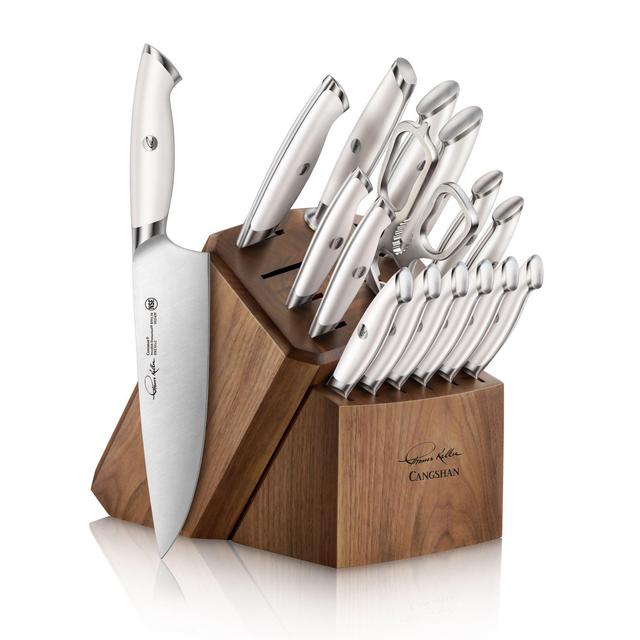 Cangshan Thomas Keller Signature Collection White Series 1025590 Swedish Damasteel RWL34 Powder Steel Forged 17-Piece Knife Block Set, Walnut