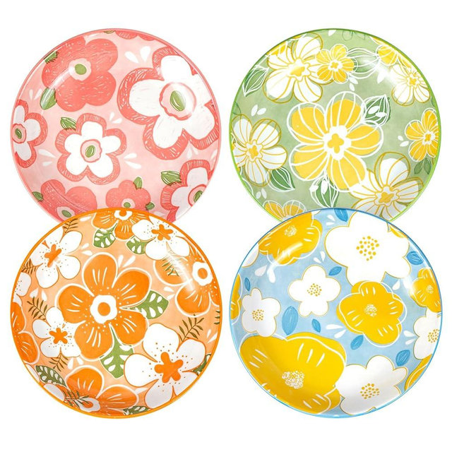 HeipokLife Pasta Bowls Set of 4,8 Inch Ceramic Bowl for Dessert,Salad,Noodles,Snacks and Appetizer,Microwave & Dishwasher Safe Deep Plates with Colorful Floral Leaf