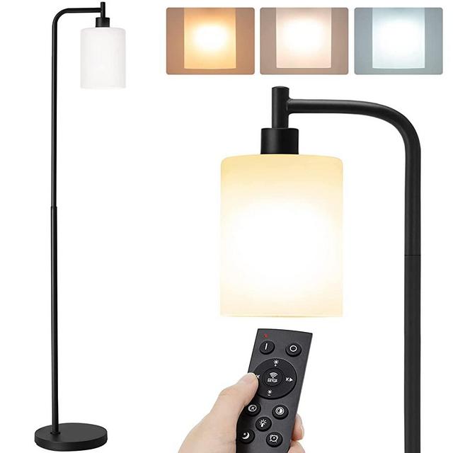 addlon LED Floor Lamp, with Matte White Hanging Glass Lampshade for Bedroom and Living Room, Remote Control Dimming Color Temperature Adjustment Standing Industrial Lamp for Office, Classical Black