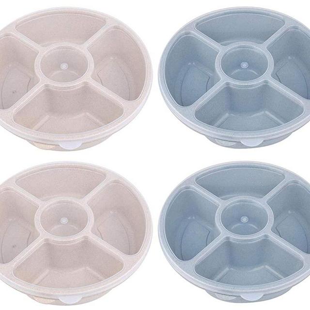 Yesland 4 Pack 11.25 Inch Serving Trays with Lid - 4 Compartment Round Wheat Straw Candy and Nut Serving Container, Food Storage - Divided Camping Snack Plate & Dish Platter