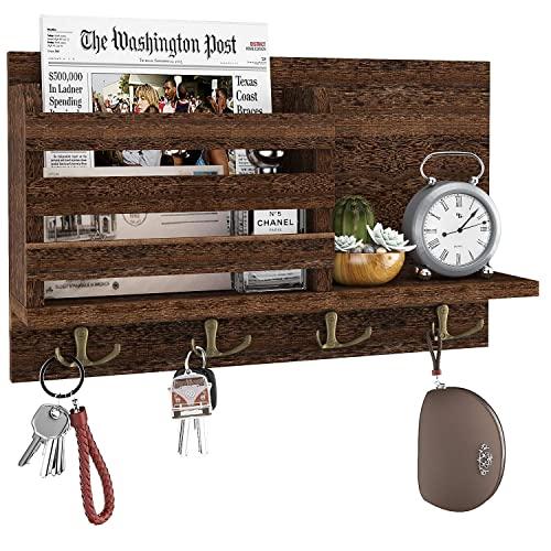 Amada Key Holder Mail Organizer Wall Mount with 4 Double Key Hooks Floating Shelf Rustic Wood Decorative Hanger for Entryway, Storage, Living Room, Hallway, Kitchen