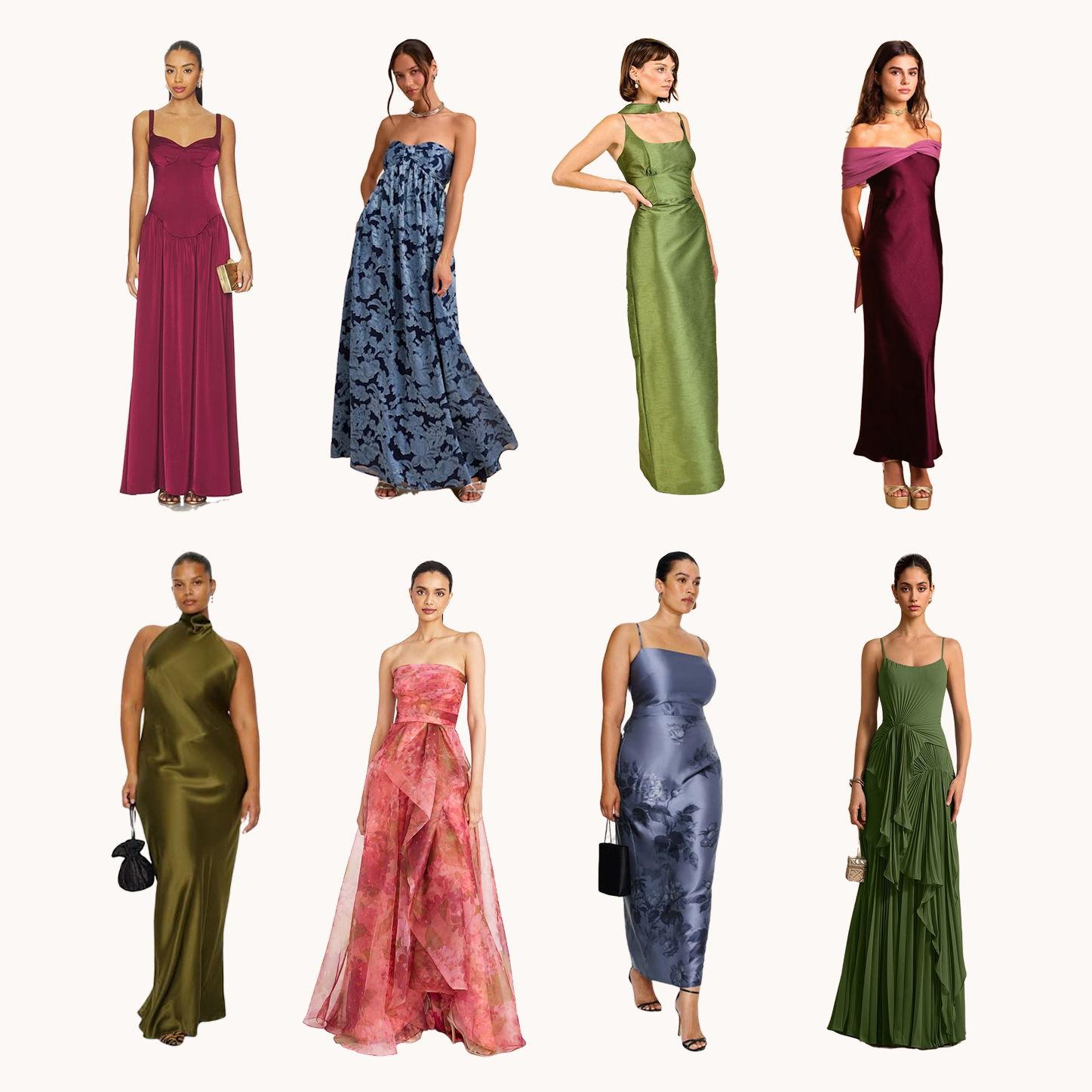 Long flowing gowns in rich greens, magentas, and blues. Nature-inspired. | Vestidos largos y elegantes en verdes, magentas y azules. ¡Inspiración en la naturaleza!