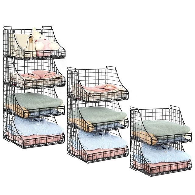 Open Storage Bins Closet Organizers and Storage Shelves 4 Pack, Rustic Stackable Metal Wire Basket for Clothes Toys Snacks, Wire Storage Baskets for Wardrobe Countertop Shelf Bedroom Black