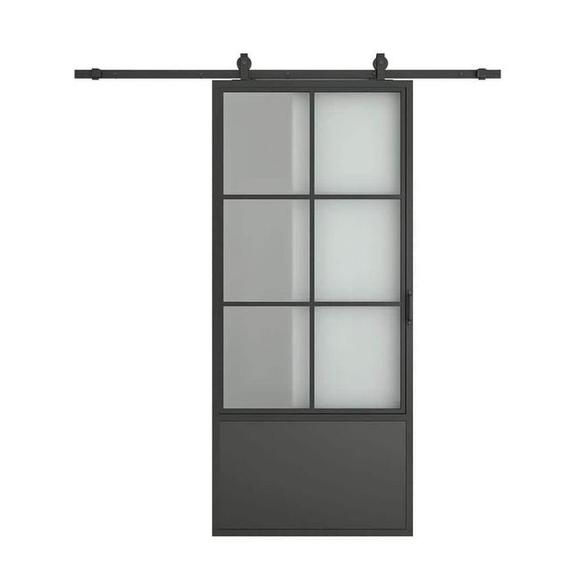 CALHOME 37 in. x 84 in. 3/4 Lites Frosted Glass Black Steel Frame Interior Barn Door with Sliding Hardware Kit and Door Handle TSQ05S-79+GSB-002-Frost - The Home Depot