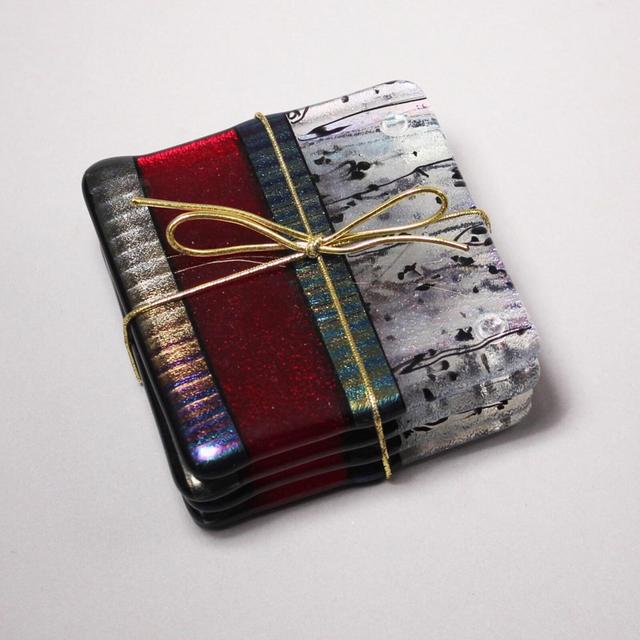 Contemporary Red Fused Glass Coasters (set of 4) - Prismatic - Home Décor - Housewarming Gift - Drink Coasters - Elegant - Free Shipping