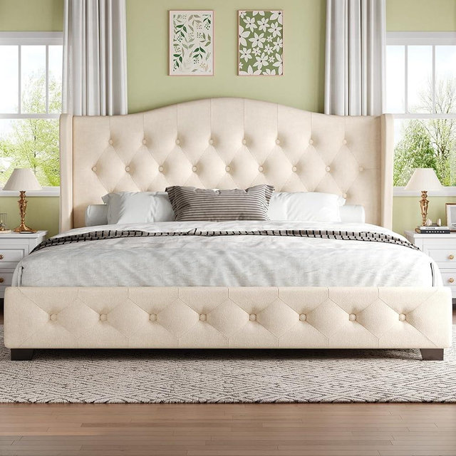 HOMBCK King Size Bed Frame with Wingback Tufted Headboard, Velvet Upholstered Bed Frame King Size with Curved Headboard, Wooden Slats Support, Easy Assembly, No Box Spring Needed, Noise-Free, Beige